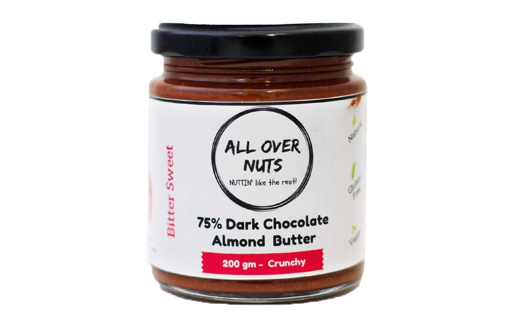 All Over Nuts 75% Dark Chocolate Almond Butter Crunchy   Glass Jar  200 grams